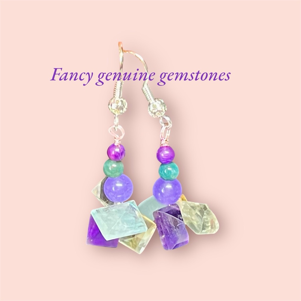 💖🌷Genuine fancy cut Citrine, green & purple Amethyst, Aquamarine Earring/cluster